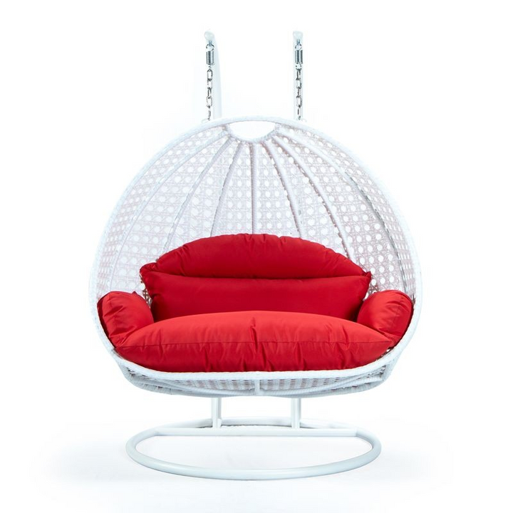 LeisureMod White Wicker Hanging 2 person Egg Swing Chair Red Front View.