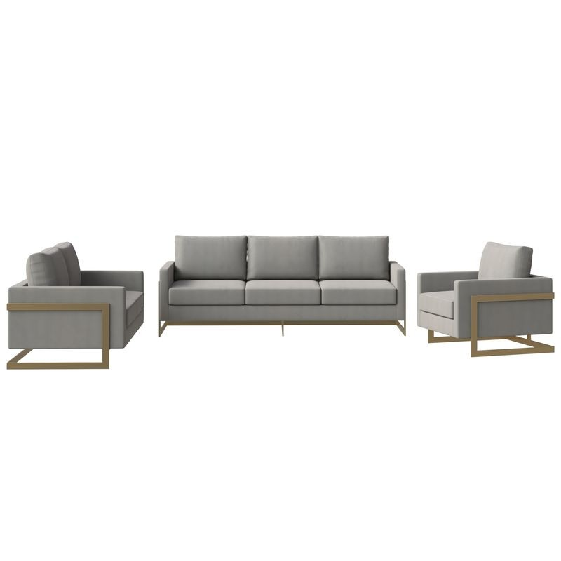 LeisureMod Lincoln 3-Piece Velvet Living Room Sofa Set with Gold Frame Photo.