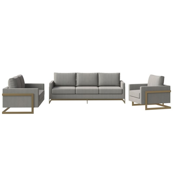 LeisureMod Lincoln 3-Piece Velvet Living Room Sofa Set with Gold Frame Photo.