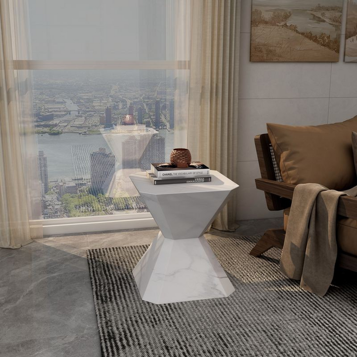 LeisureMod Azure Collection Fiberglass Outdoor Side Table in Marble White in Living Room.