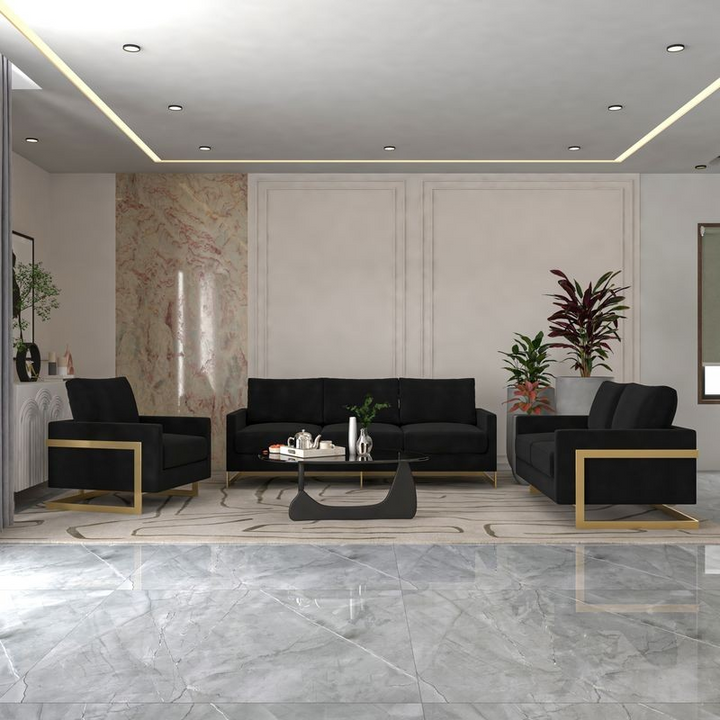 LeisureMod Lincoln 3-Piece Velvet Living Room Sofa Set with Gold Frame Midnight Black in Living Room.