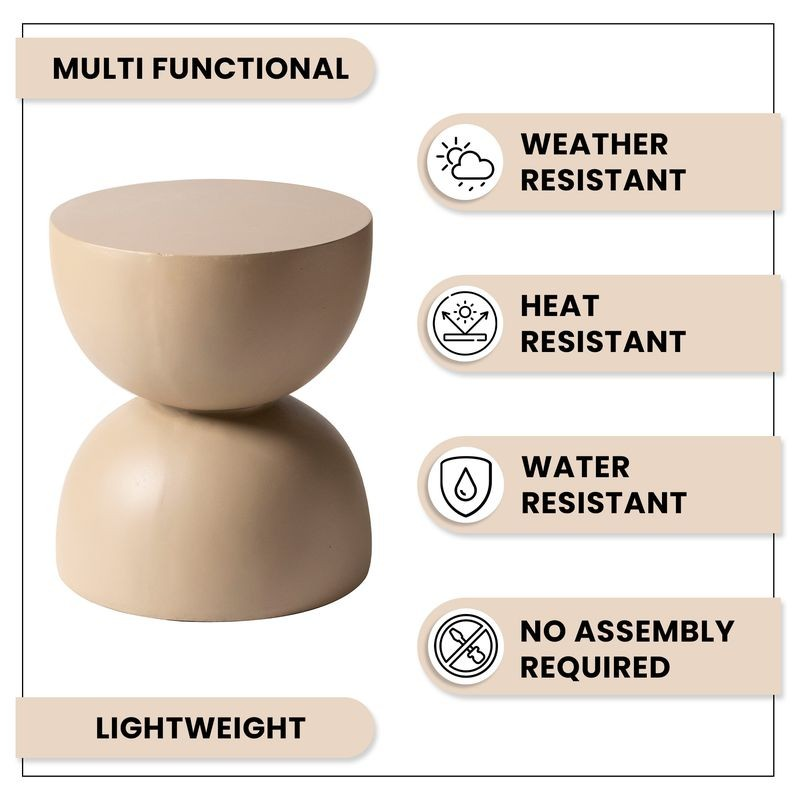 LeisureMod Sage Collection Fiberglass Outdoor Side Table in Beige Description.