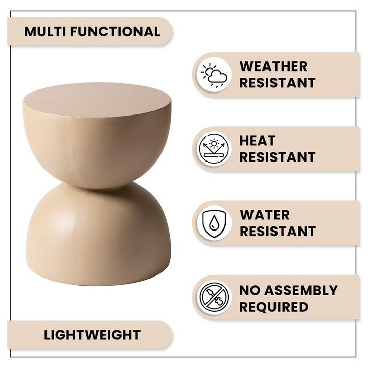 LeisureMod Sage Collection Fiberglass Outdoor Side Table in Beige Description.