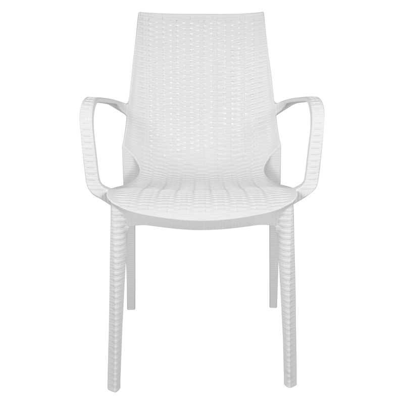 LeisureMod Kent Outdoor Patio Plastic Dining Armchair, Set of 2 White Front View.
