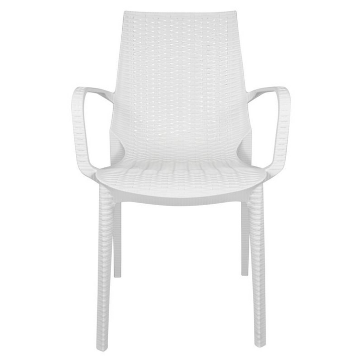 LeisureMod Kent Outdoor Patio Plastic Dining Armchair, Set of 2 White Front View.