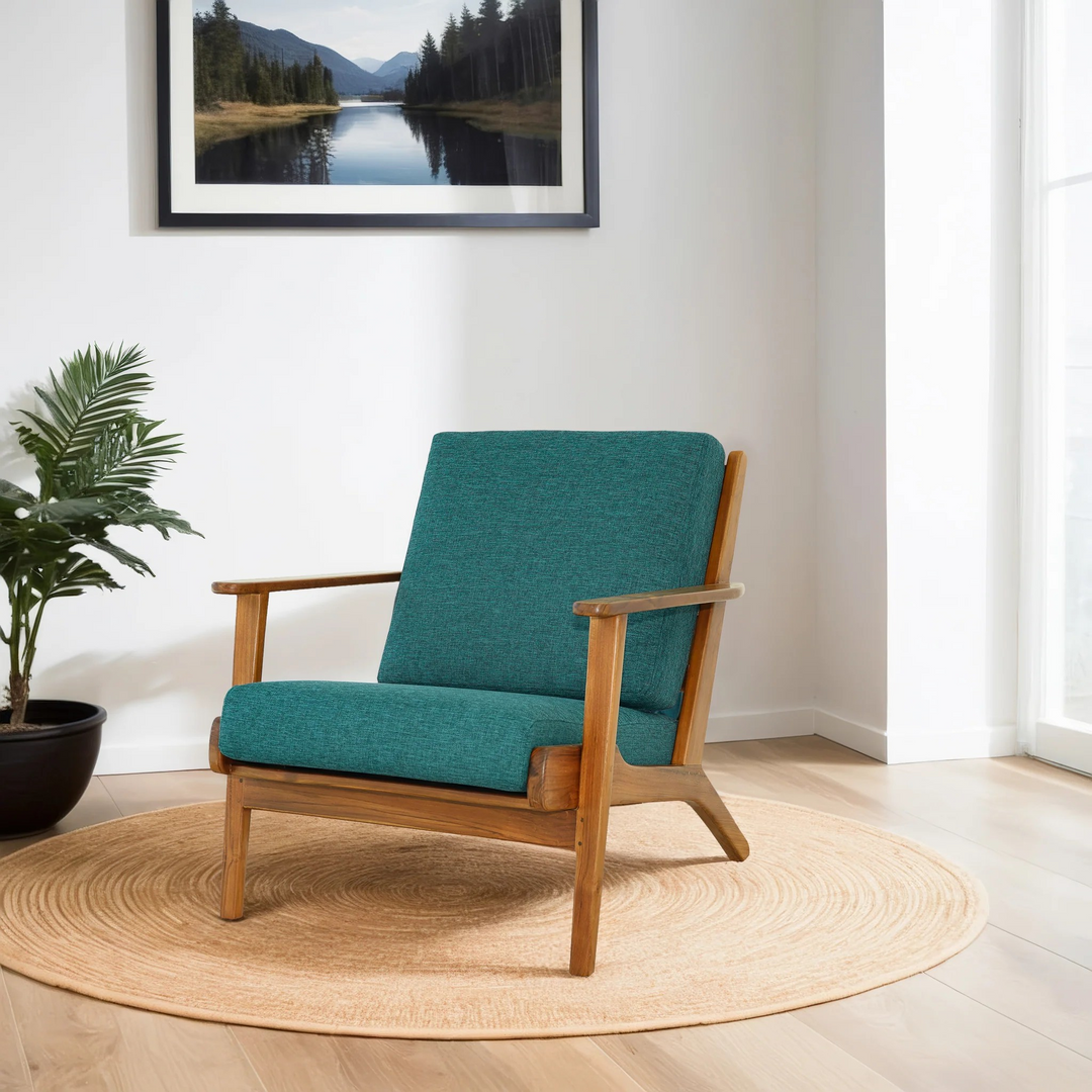 Connor Solid Wood Linen Lounge Chair Teal in Room.