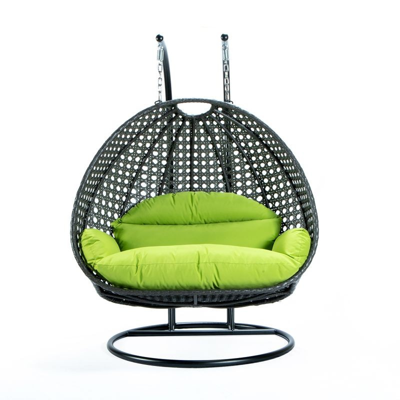 LeisureMod Charcoal Wicker Hanging 2 person Egg Swing Chair Light Green Front View.