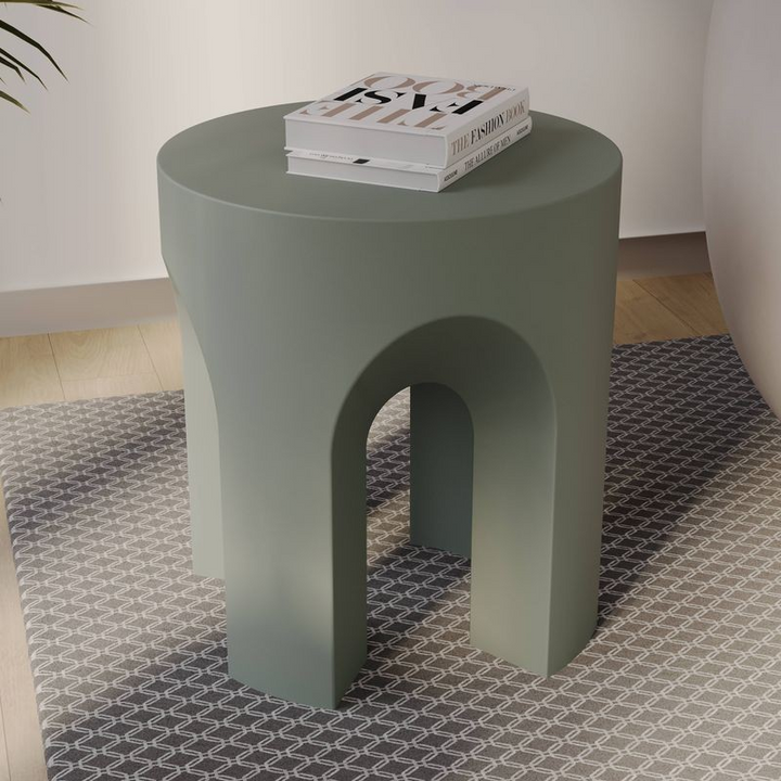 LeisureMod Crus Collection Fiberglass Outdoor Side Table in Grey in Room.