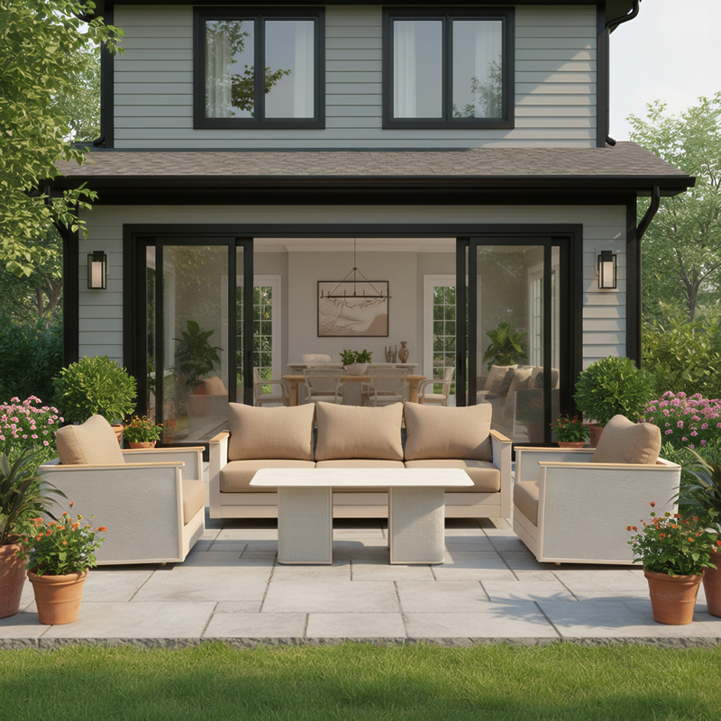 LeisureMod 4-Piece Conversation Set with Coffee Table, Sofa, and 2 Accent Chairs in Taupe Arvin Collection Taupe Picture.