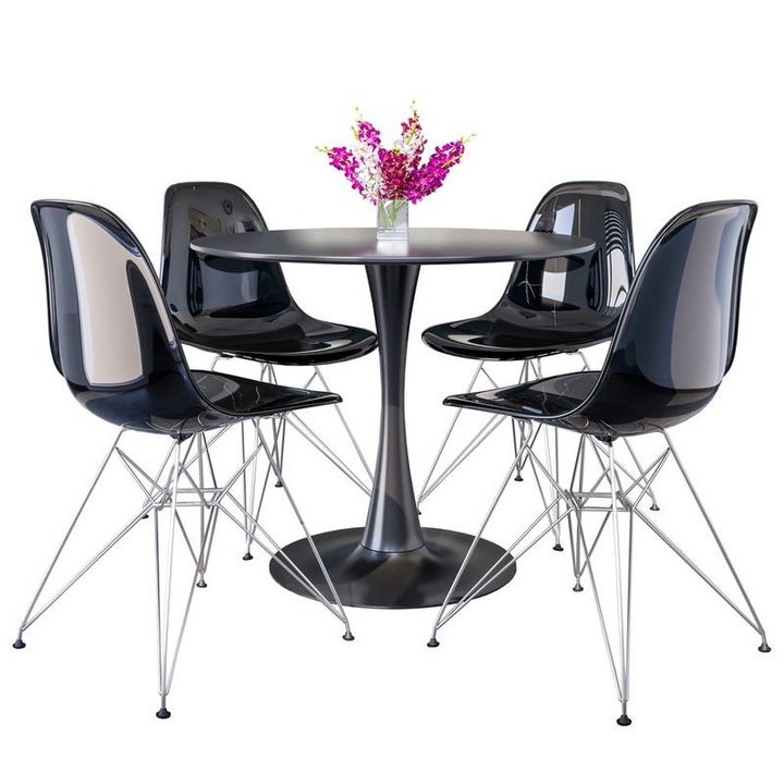 LeisureMod 5-Piece Dining Set 35" Round Dining Table in Black Iron 4 ABS Plastic Side Chair in Chrome Transparent Black