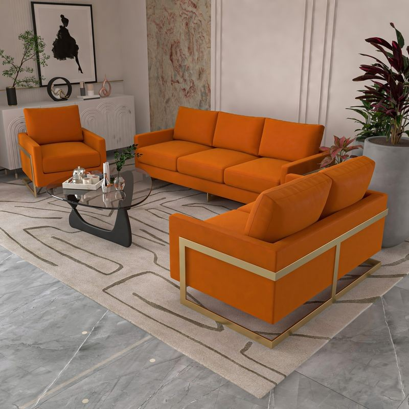 LeisureMod Lincoln 3-Piece Velvet Living Room Sofa Set with Gold Frame Orange Marmalade
