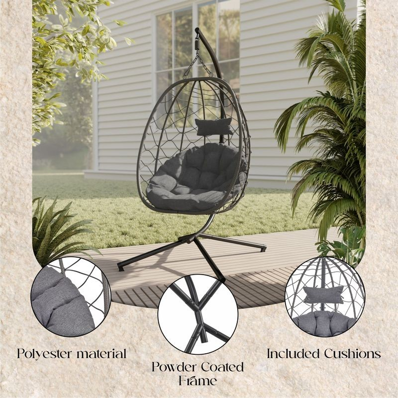 Leisuremod Summit Series Outdoor Egg Swing Chair in Black with Charcoal Cushions Details.