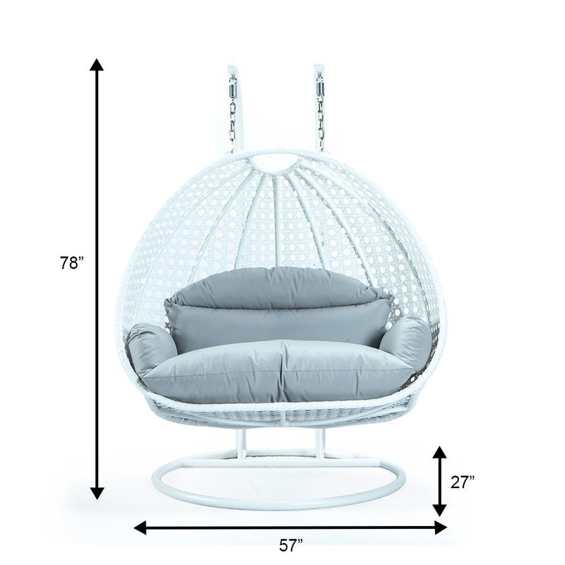 LeisureMod White Wicker Hanging 2 Person Egg Swing Chair Light Grey Dimensions.