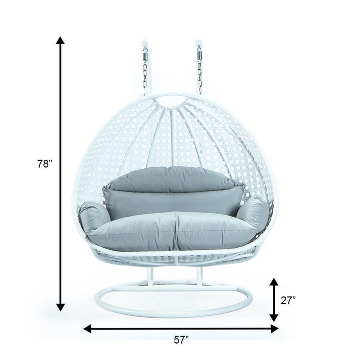 LeisureMod White Wicker Hanging 2 Person Egg Swing Chair Light Grey Dimensions.