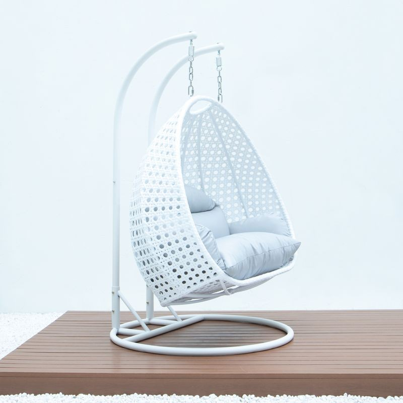 LeisureMod White Wicker Hanging 2 Person Egg Swing Chair Light Grey Side View.