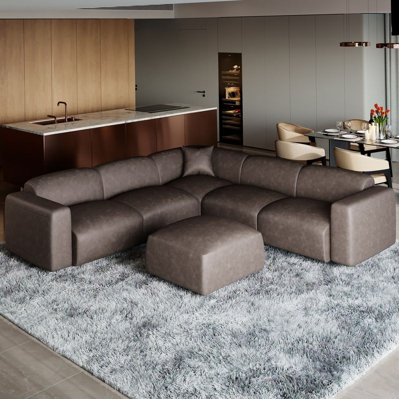 LeisureMod Whisper 6-Seater Conversation Set with Ottoman in Brown in Living Room.