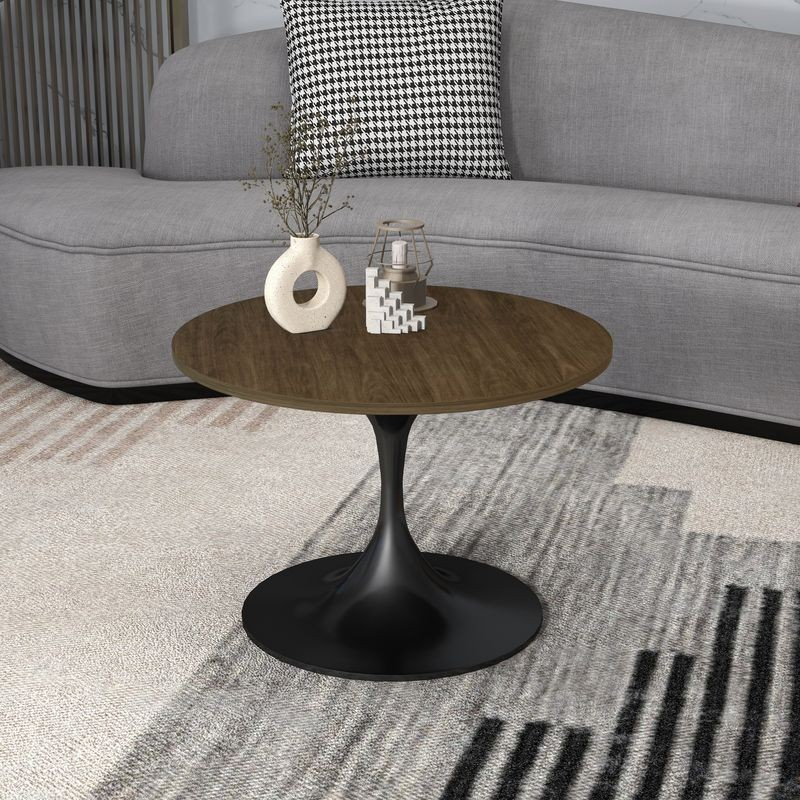 LeisureMod Verve Coffee Table Black base with 27" Round Dark Brown Wood MDF Top in Room.