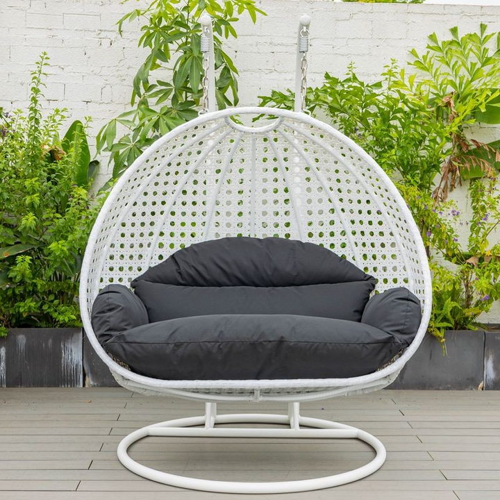 LeisureMod White Wicker Hanging 2 Person Egg Swing Chair Black Front View.