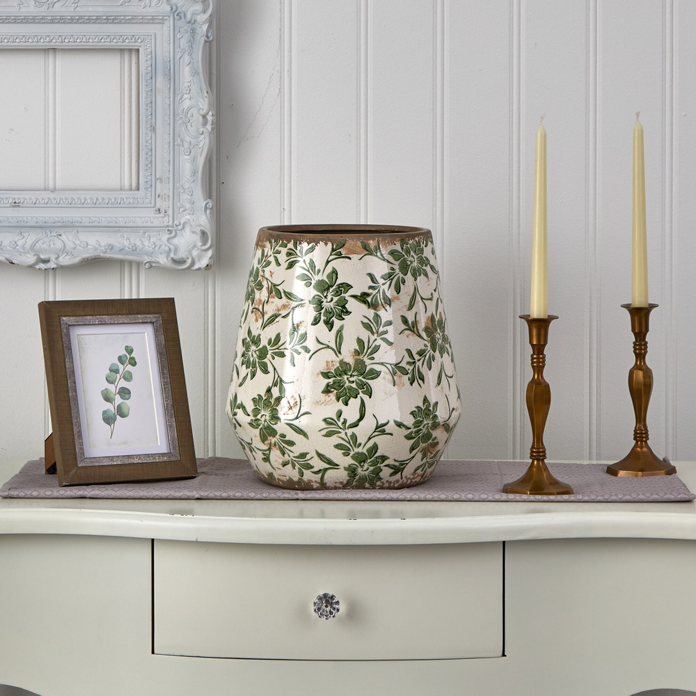 10” Tuscan Ceramic Green Scroll Planter on Table