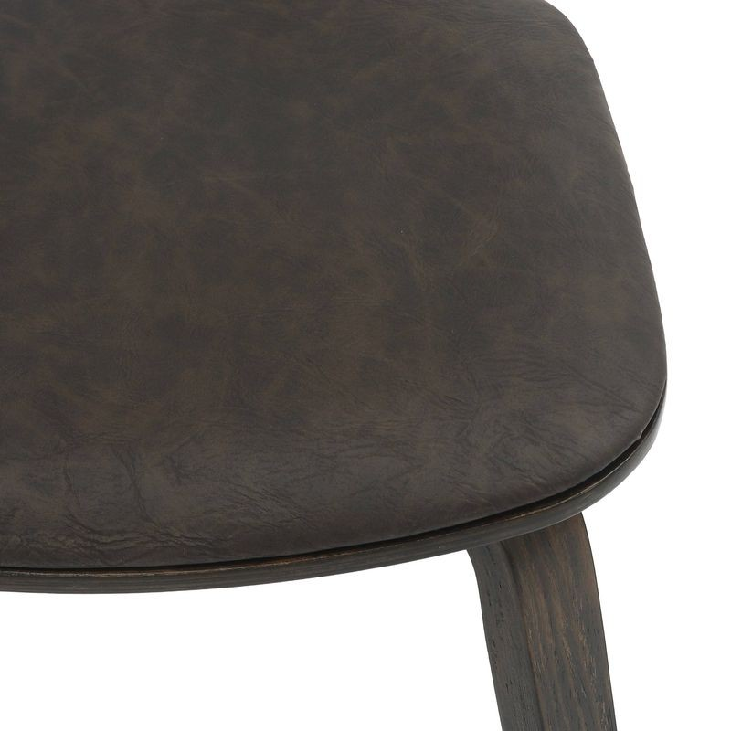 LeisureMod 5-Piece Dining Set with Round Wooden Table in Natural Wood and 4 Leather Dining Chairs in Dark Walnut/Brown Seat Closeup.