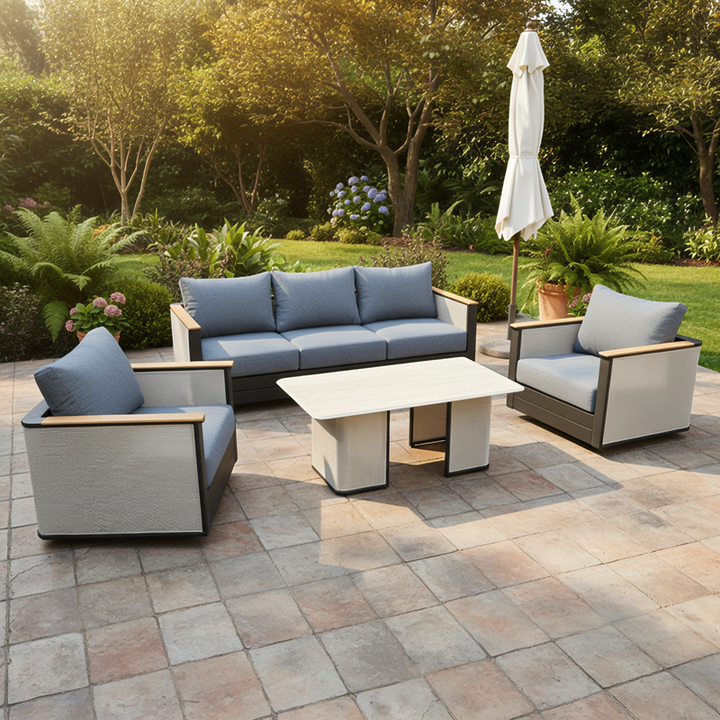 LeisureMod 4-Piece Conversation Set with Coffee Table, Sofa, and 2 Accent Chairs in Black Arvin Collection Black on Patio.