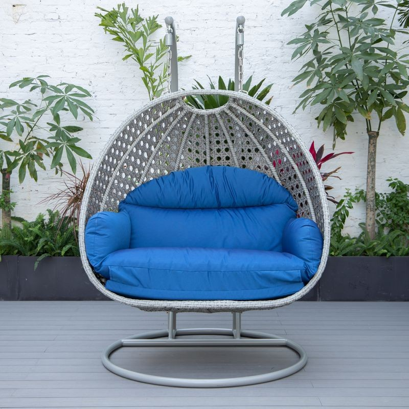 LeisureMod Mendoza Light Grey Wicker Hanging 2 Person Egg Swing Chair Blue Front View.