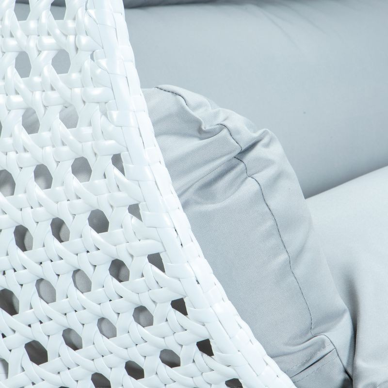 LeisureMod White Wicker Hanging 2 person Egg Swing Chair Light Grey Closeup.