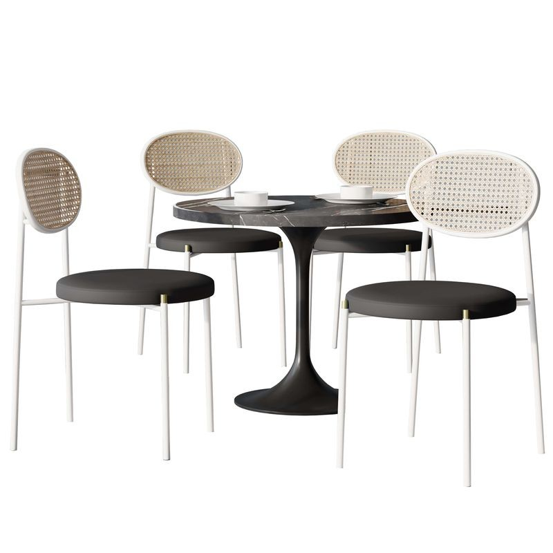LeisureMod 5-Piece Dining Set with 36" Round Dining Table Black Sintered Stone Top and Black Pedestal with 4 Velvet Dining Chairs in White Steel Legs in Black