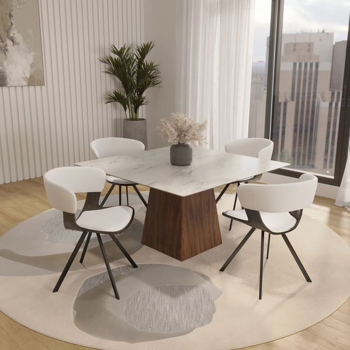 LeisureMod 5-Piece Dining Set with Square Dining Table White Sintered Stone Top and 4 Leather Dining Chairs in Dark Walnut/White in Room.