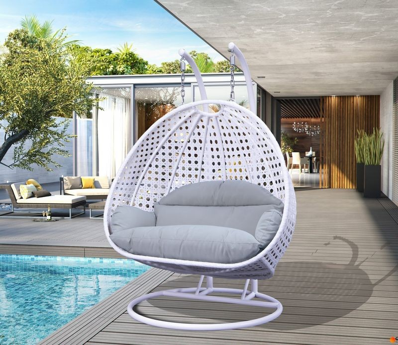 LeisureMod White Wicker Hanging 2 person Egg Swing Chair Light Grey