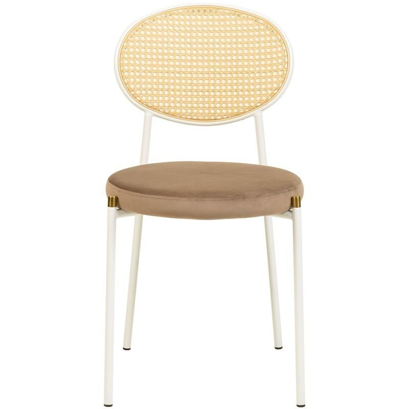 LeisureMod 7-Piece Dining Set with Rectangular Sintered Stone Dining Table and 6 Velvet Dining Side Chairs with Wicker Back Brown Front Chair.