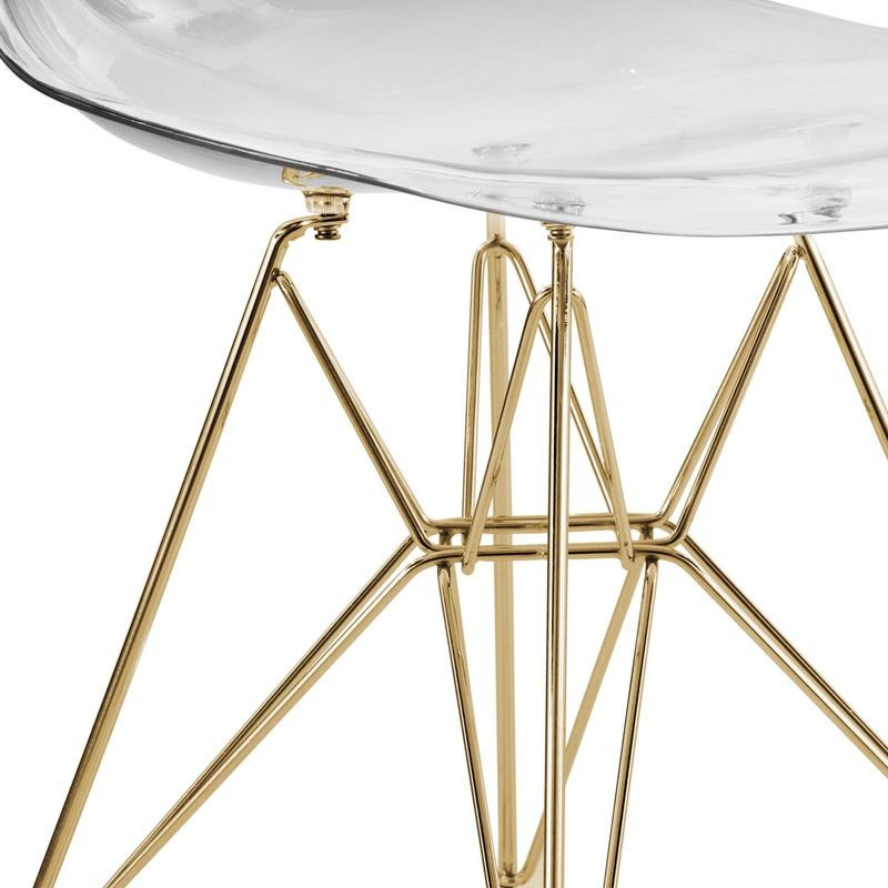 LeisureMod 5-Piece Dining Set with 35" Round Dining Table in White Iron Pedestal Base and 4 ABS Plastic Side Chair with Gold Base Clear Chair Closeup.
