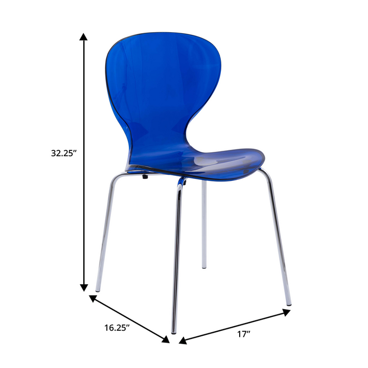 LeisureMod 5-Piece Dining Set Round White MDF Dining Table and 4 Plastic Dining Chairs with Chrome Legs Transparent Blue Chair Dimensions.