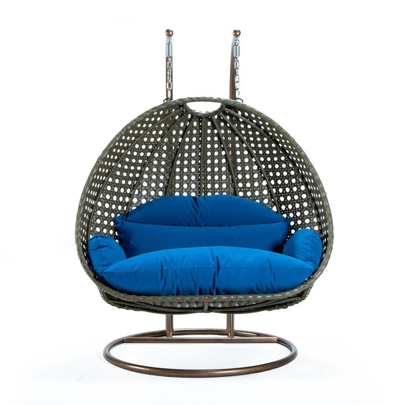 LeisureMod Beige Wicker Hanging 2 person Egg Swing Chair Blue