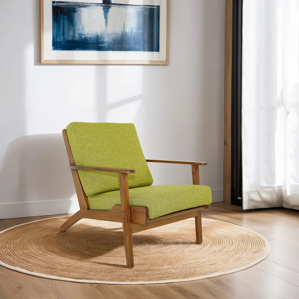 Connor Solid Wood Linen Lounge Chair Pistachio Green in Room.