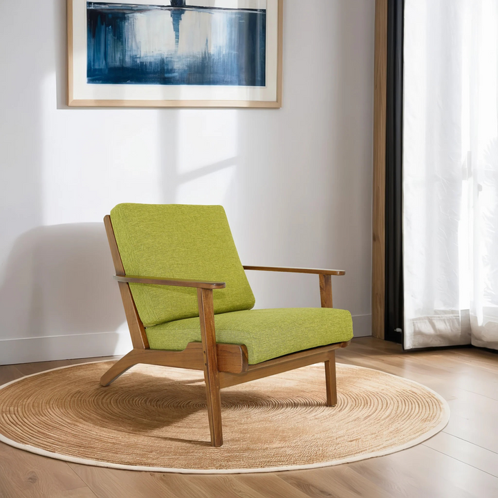Connor Solid Wood Linen Lounge Chair Pistachio Green in Room.