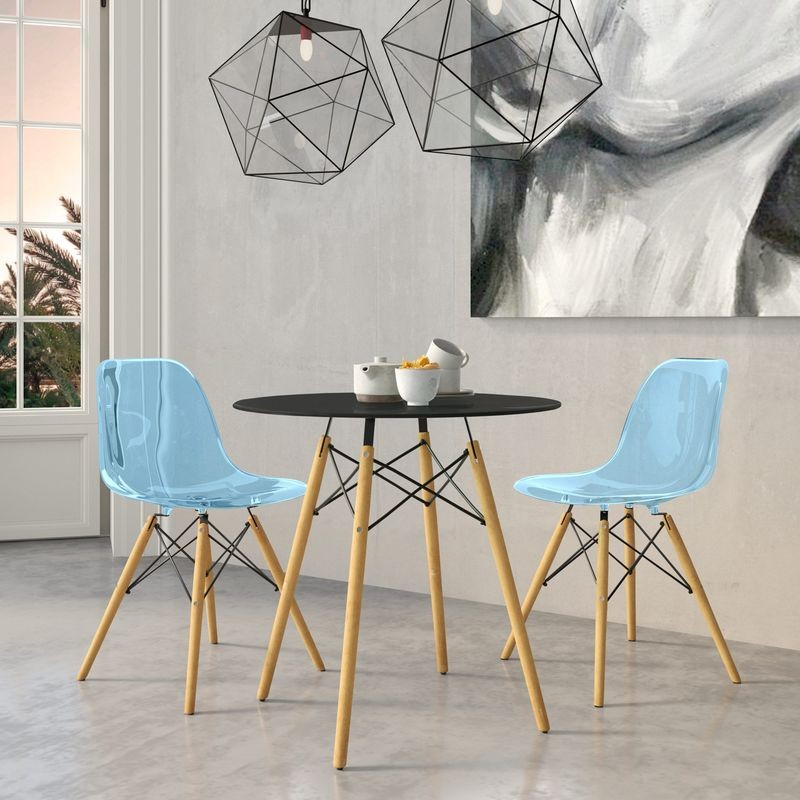 LeisureMod Dover 3-Piece Dining Set with Round Black MDF Top Bistro Table and 2 Plastic Chairs in Blue in Room.