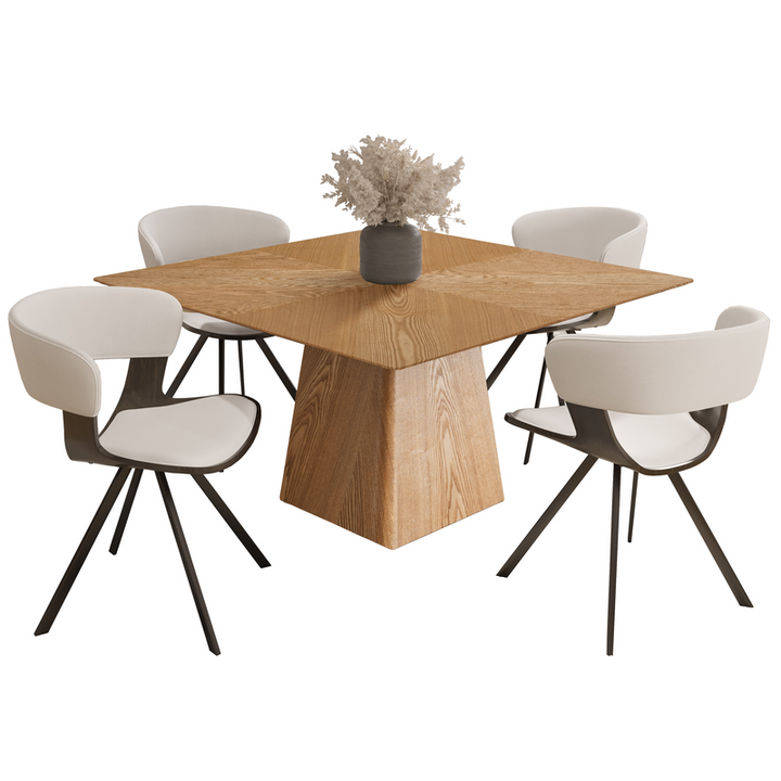 LeisureMod 5-Piece Dining Set with Square Wooden Table in Natural Wood and 4 Leather Dining Chairs in Dark Walnut/White