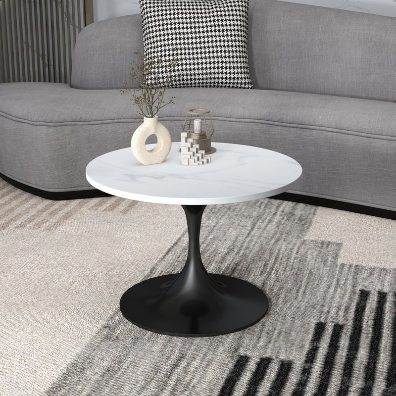 LeisureMod Verve Coffee Table Black Base with 27" round White Sintered Stone Top in Room.