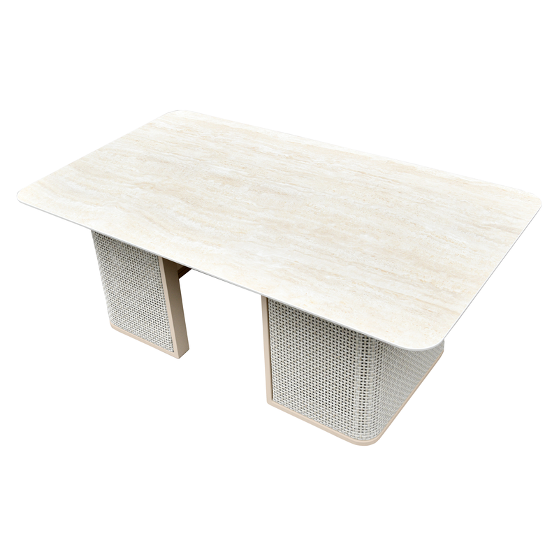 LeisureMod 4-Piece Conversation Set with Coffee Table, Sofa, and 2 Accent Chairs in Taupe Arvin Collection Taupe Tabletop View.