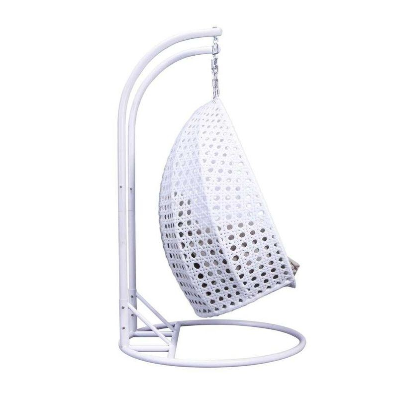 LeisureMod White Wicker Hanging 2 person Egg Swing Chair White/Taupe Side View.