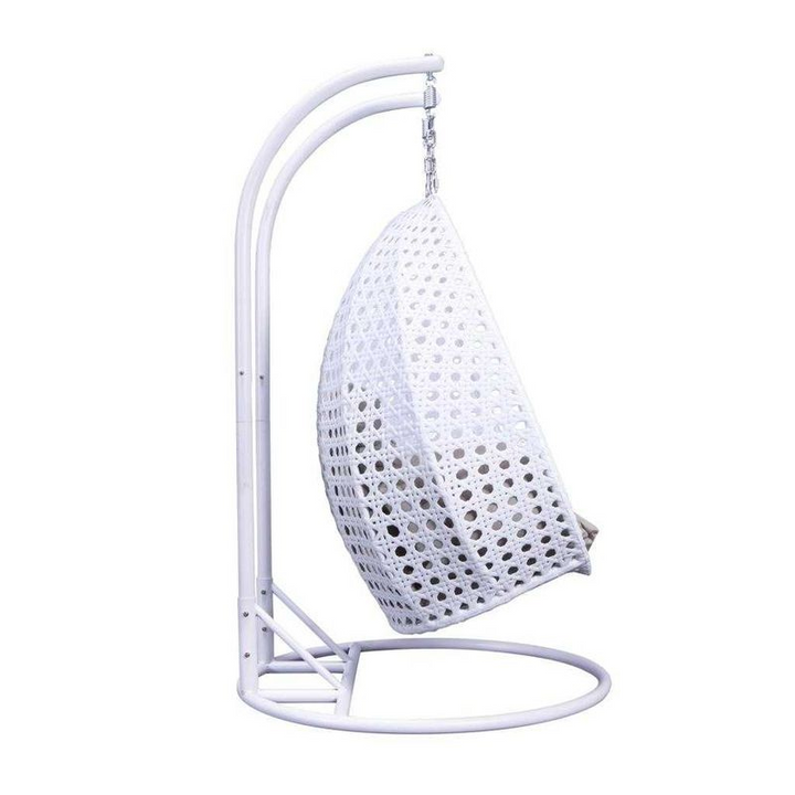 LeisureMod White Wicker Hanging 2 person Egg Swing Chair White/Taupe Side View.