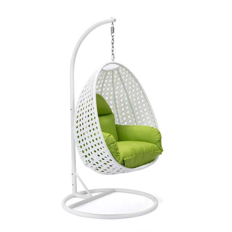 LeisureMod White Wicker Hanging Egg Swing Chair Light Green without Background.