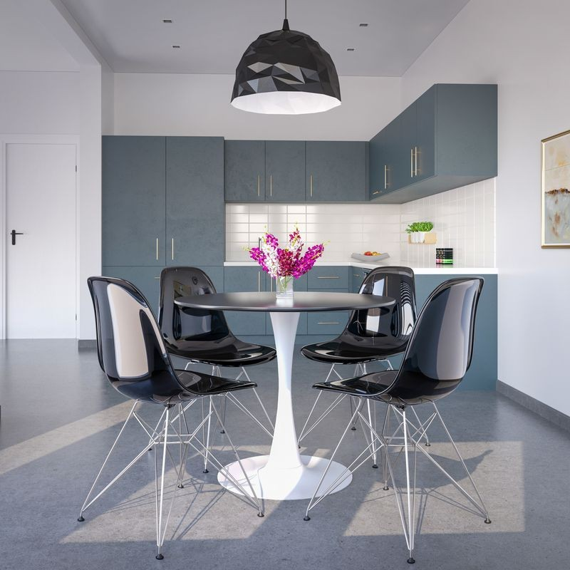 LeisureMod 5-Piece Dining Set 35" Round Dining Table in White Iron 4 ABS Plastic Side Chair in Chrome Transparent Black in Room.