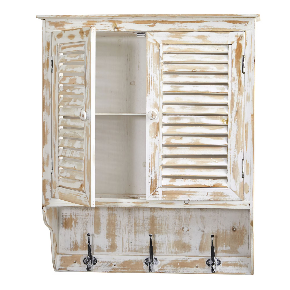 32” Whitewashed Wall Cabinet with Hooks Opened Door