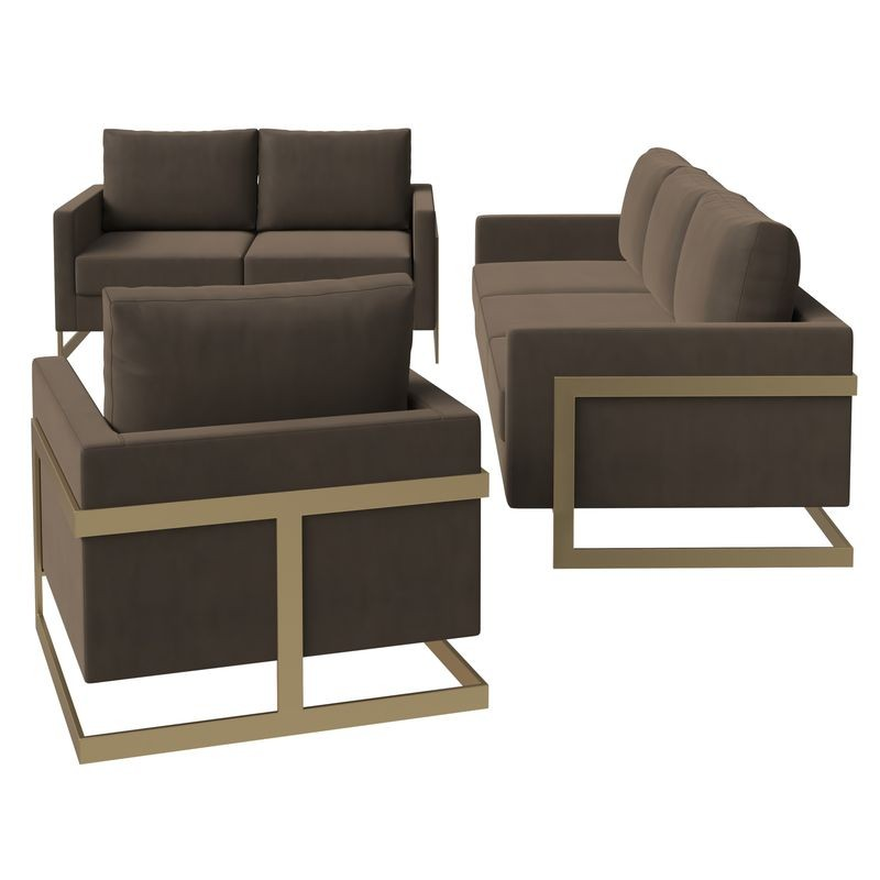 LeisureMod Lincoln 3-Piece Velvet Living Room Sofa Set with Gold Frame Dark Grey 3 Pieces.
