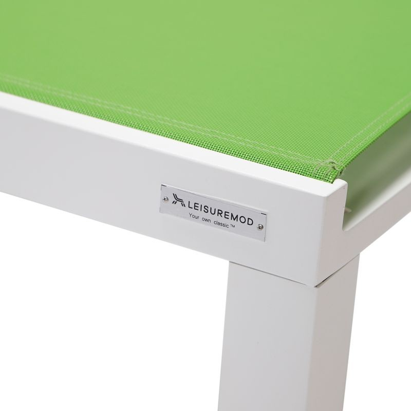 LeisureMod Marlin Modern Aluminum Outdoor Patio Chaise Lounge Chair Set of 2 with Square Fire Pit Side Table Perfect for Patio, Lawn, and Garden Green Closeup.