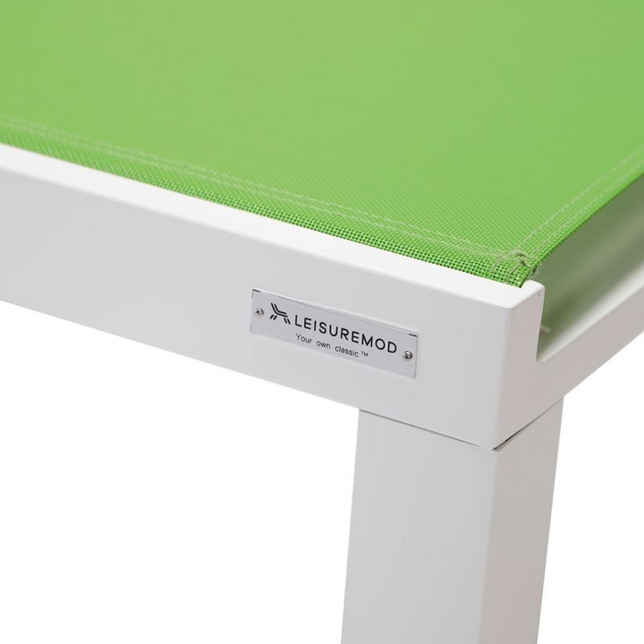 LeisureMod Marlin Modern Aluminum Outdoor Patio Chaise Lounge Chair Set of 2 with Square Fire Pit Side Table Perfect for Patio, Lawn, and Garden Green Closeup.