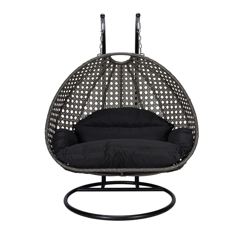 LeisureMod Charcoal Wicker Hanging 2 person Egg Swing Chair Black Front View