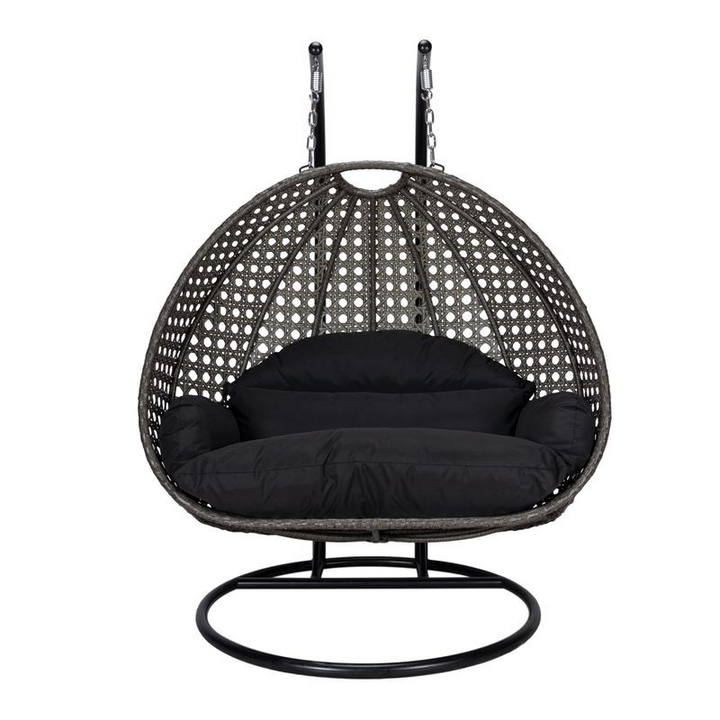 LeisureMod Charcoal Wicker Hanging 2 person Egg Swing Chair Black Front View